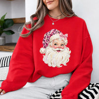 Pink Leopard Santa Sweatshirt Cute Vintage Santa Claus Face Holiday Women Coquette Retro