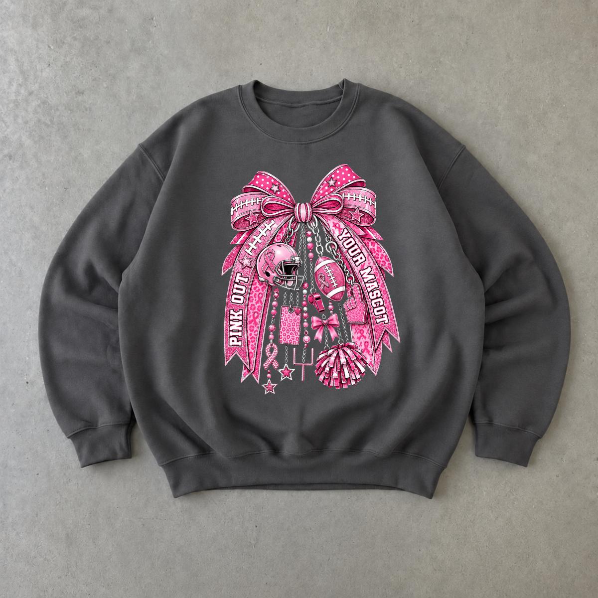 Pink Out Football Sweatshirt, Pink Out Your Mascot Bow, Breast Cancer Awareness Game Day Women Coquette Design