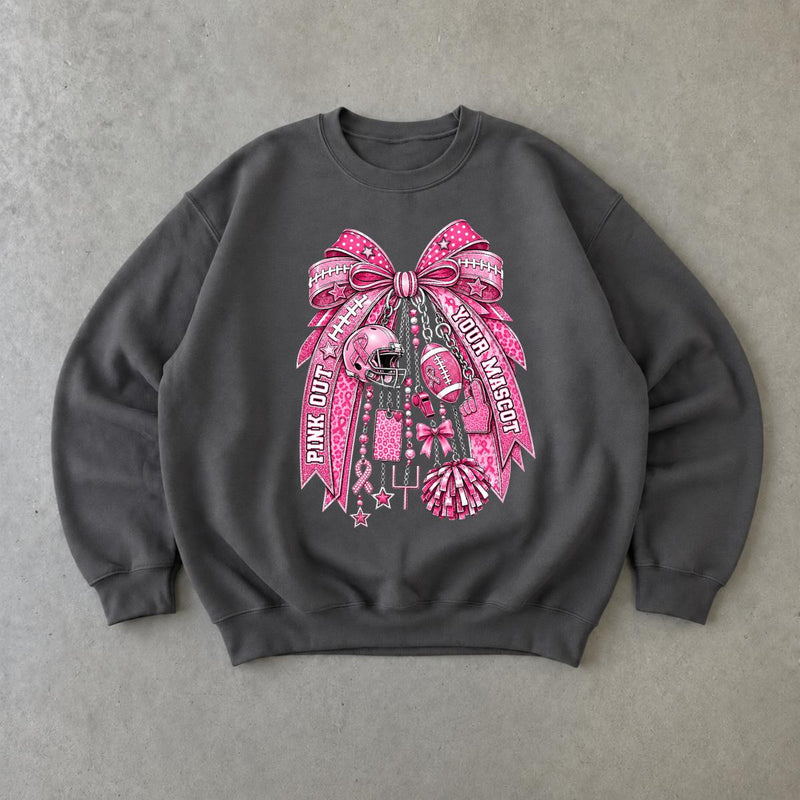 Pink Out Football Sweatshirt, Pink Out Your Mascot Bow, Breast Cancer Awareness Game Day Women Coquette Design