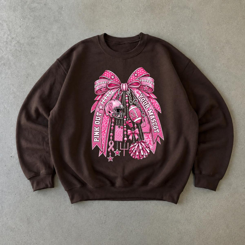 Pink Out Football Sweatshirt, Pink Out Your Mascot Bow, Breast Cancer Awareness Game Day Women Coquette Design