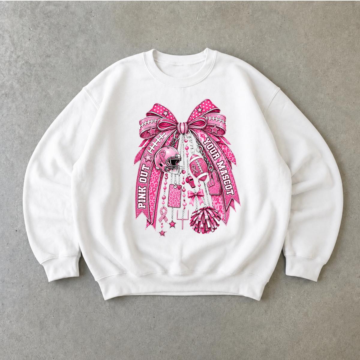 Pink Out Football Sweatshirt, Pink Out Your Mascot Bow, Breast Cancer Awareness Game Day Women Coquette Design