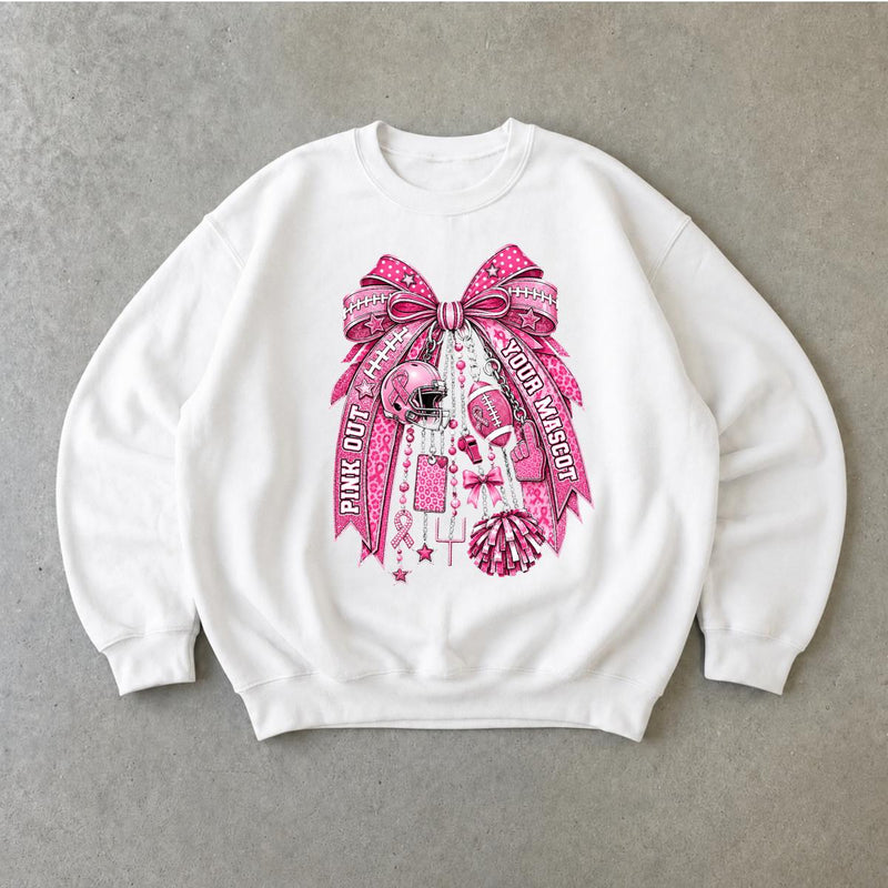 Pink Out Football Sweatshirt, Pink Out Your Mascot Bow, Breast Cancer Awareness Game Day Women Coquette Design