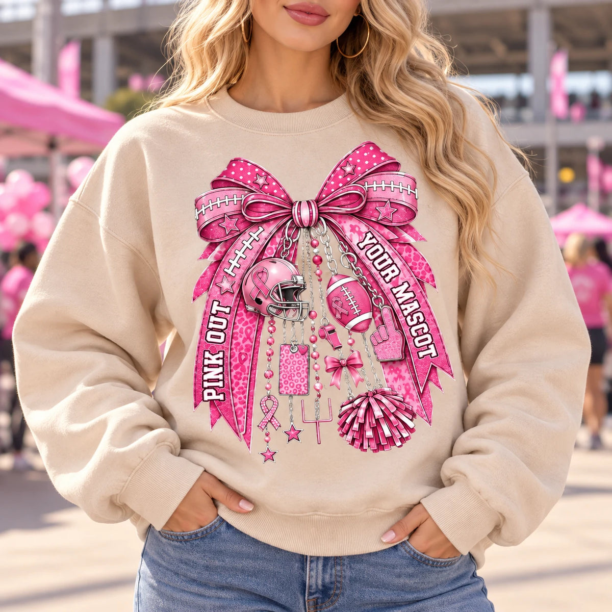 Pink Out Football Sweatshirt, Your Mascot Bow Breast Cancer Awareness Game Day for Women