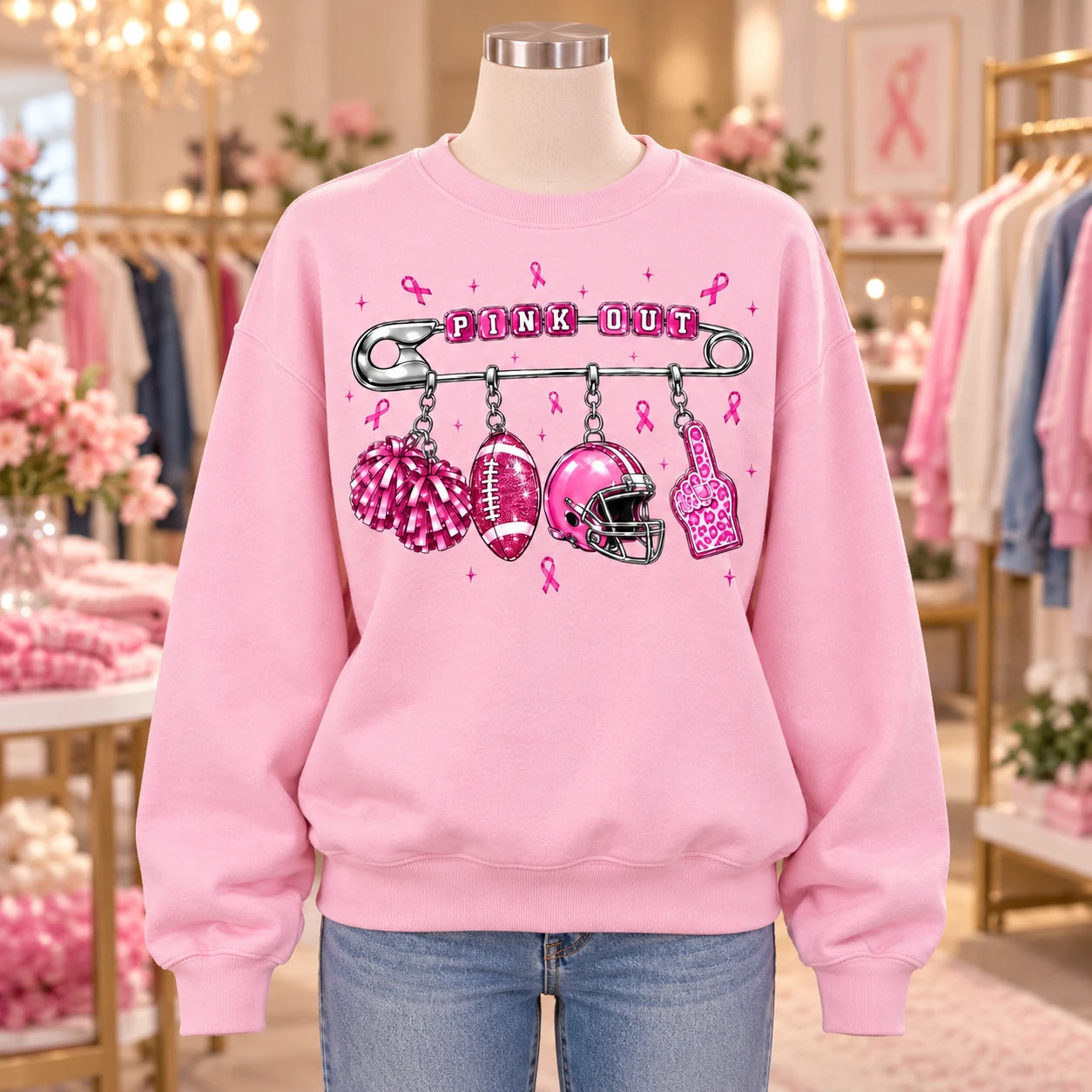 Pink Out Game Day Sweatshirt with Charm Football Graphic Breast Cancer Awareness for Women