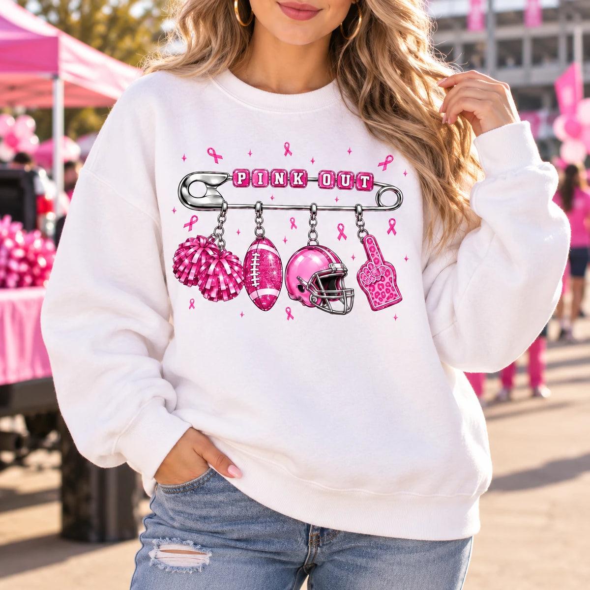 Pink Out Game Day Sweatshirt with Charm Football Graphic Breast Cancer Awareness for Women