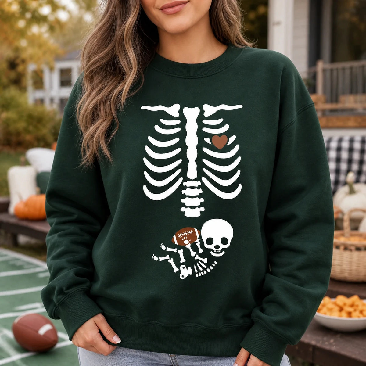 Pregnant Skeleton Football Baby Announcement Sweatshirt Cute Spooky Game Day Mom