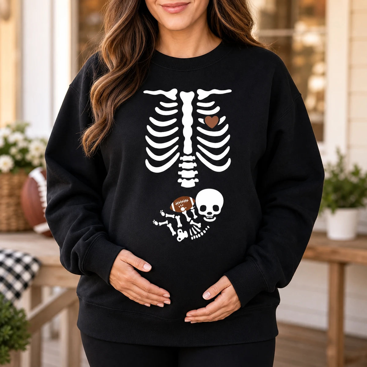 Pregnant Skeleton Football Baby Announcement Sweatshirt Cute Spooky Game Day Mom