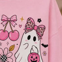 Coquette Halloween Pink Ghost Pumpkin Bow Sweatshirt Spooky Season Women Cute Girly Leopard Bow Design