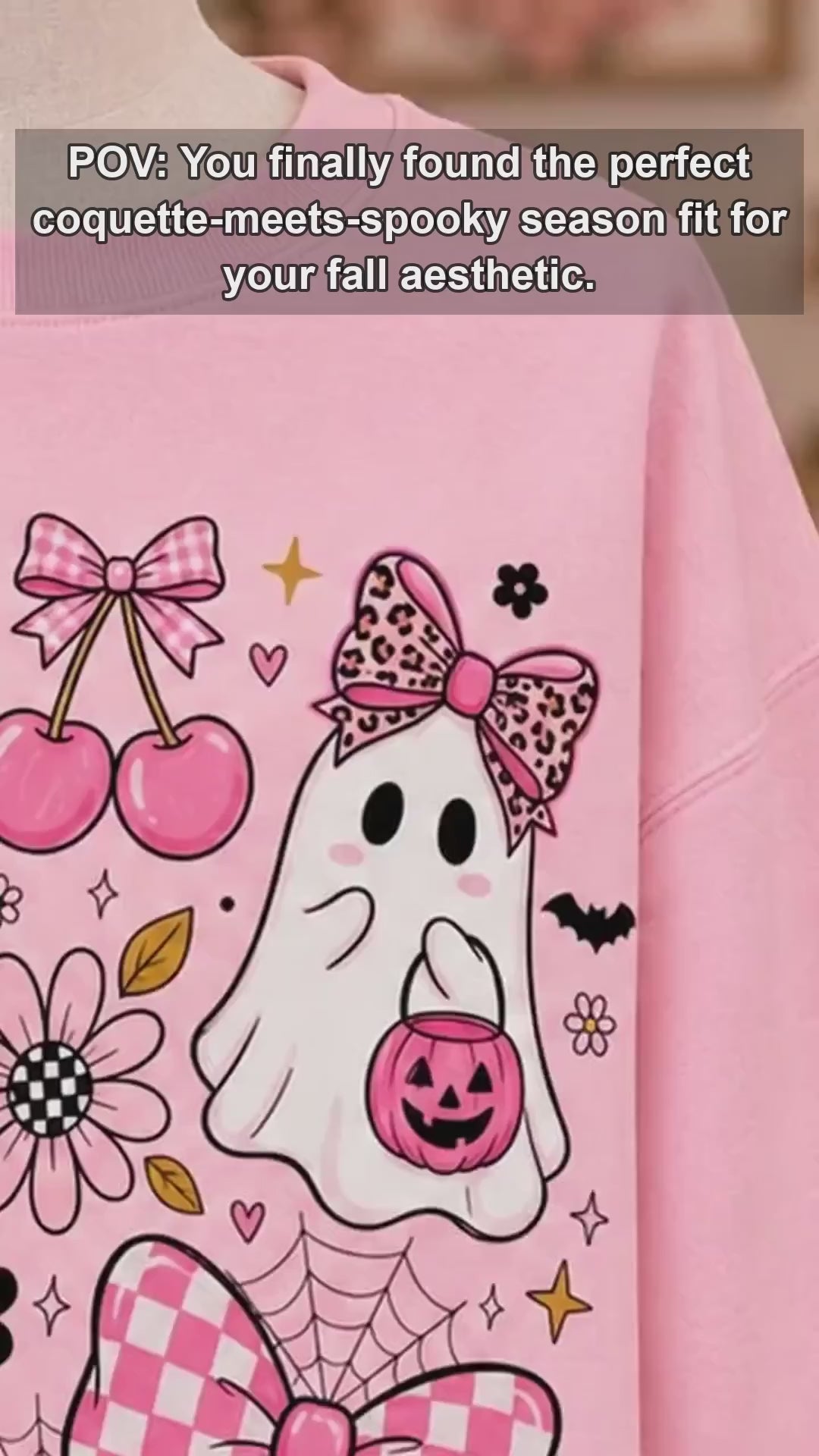 Coquette Halloween Pink Ghost Pumpkin Bow Sweatshirt Spooky Season Women Cute Girly Leopard Bow Design