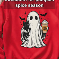 Halloween Ghost Fall Outfit Cute Ghost Cat Pumpkin Drink Sweatshirt and T-Shirt Spooky Season Women Vintage