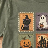 Vintage Halloween Postage Stamp Ghost Cat Pumpkin T-Shirt Spooky Season Women Retro Aesthetic