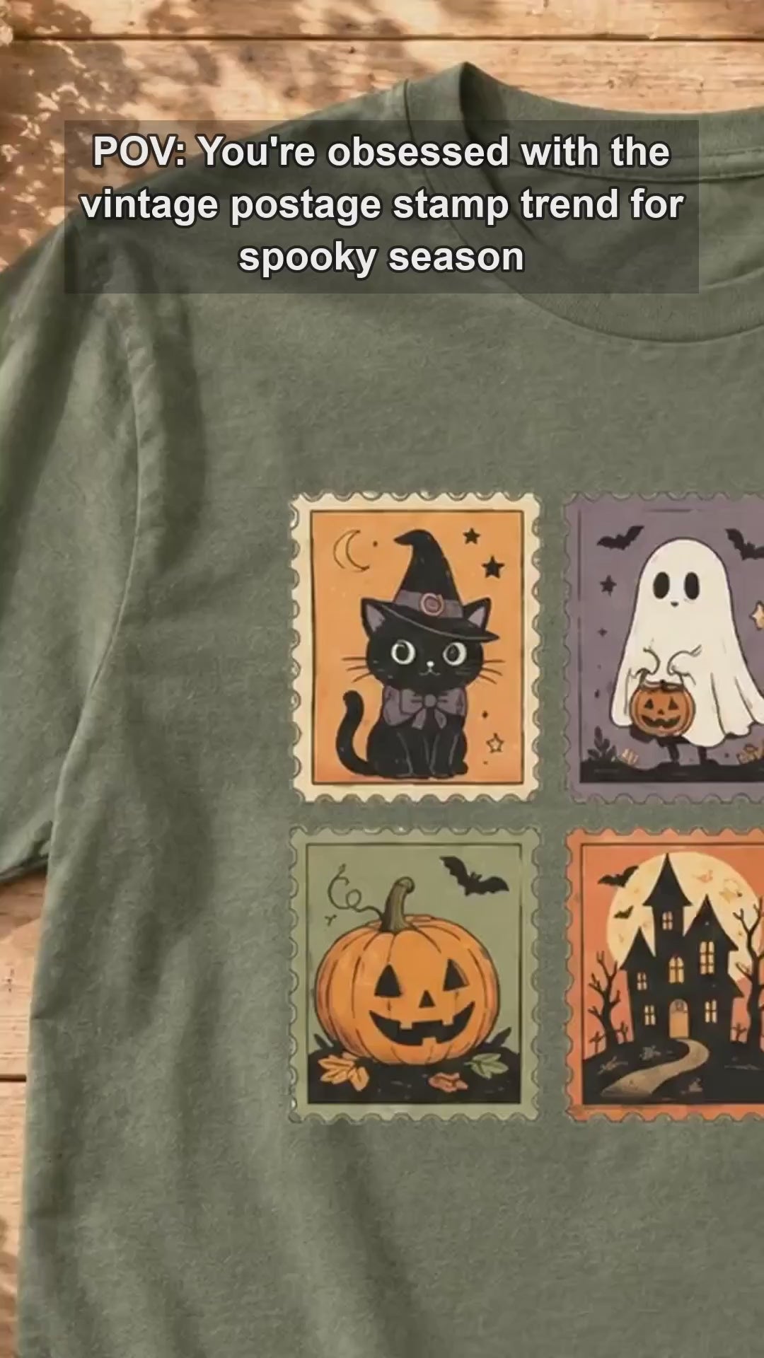 Vintage Halloween Postage Stamp Ghost Cat Pumpkin T-Shirt Spooky Season Women Retro Aesthetic