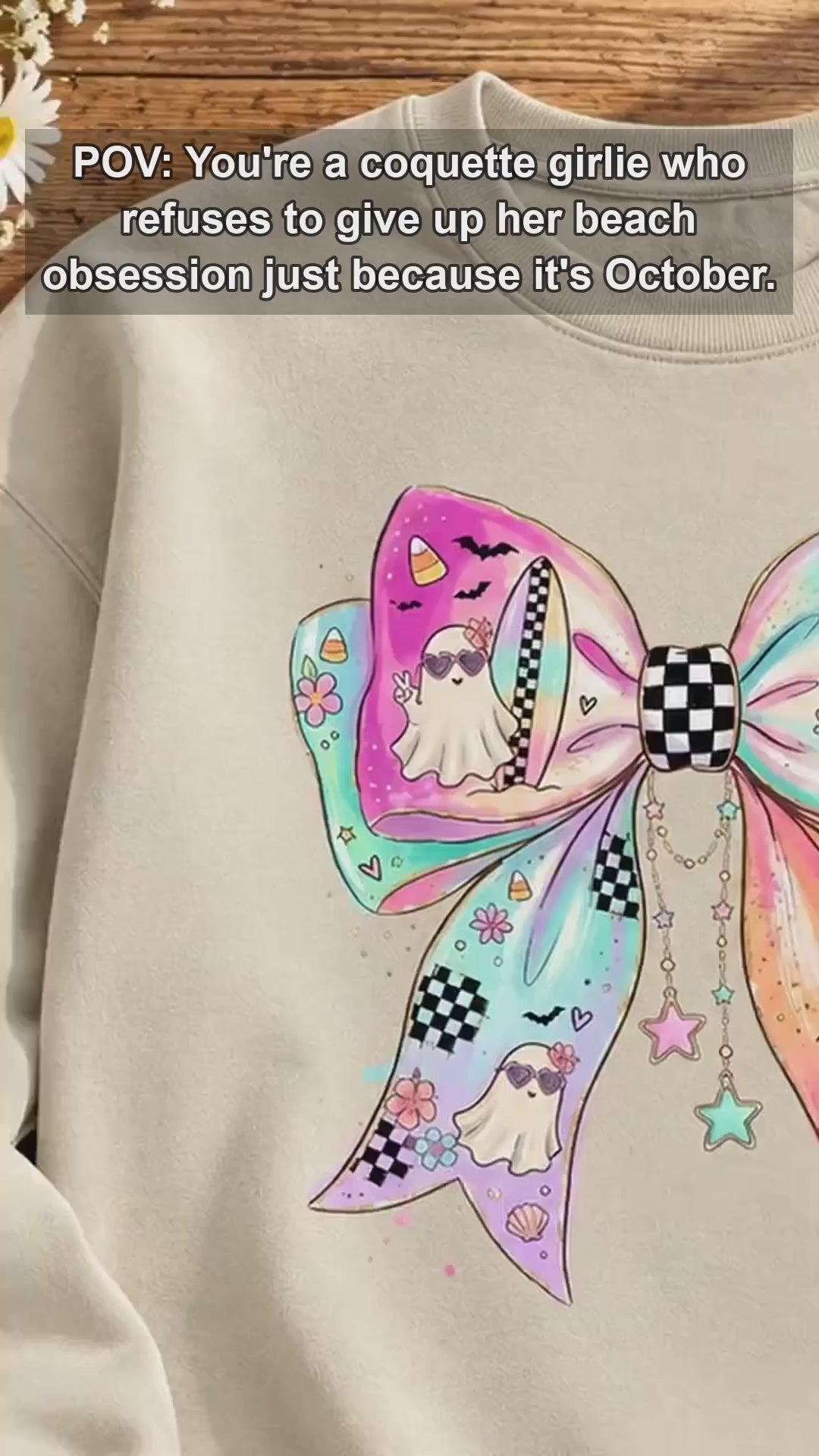 Pastel Ghost Bow Beachy Spooky Season Sweatshirt and T-Shirt Halloween Women Coquette Retro