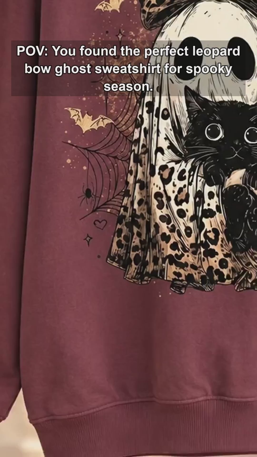 Leopard Ghost Cat Sweatshirt Spooky Bow Kitten Halloween Fall Women Retro Vintage Graphic