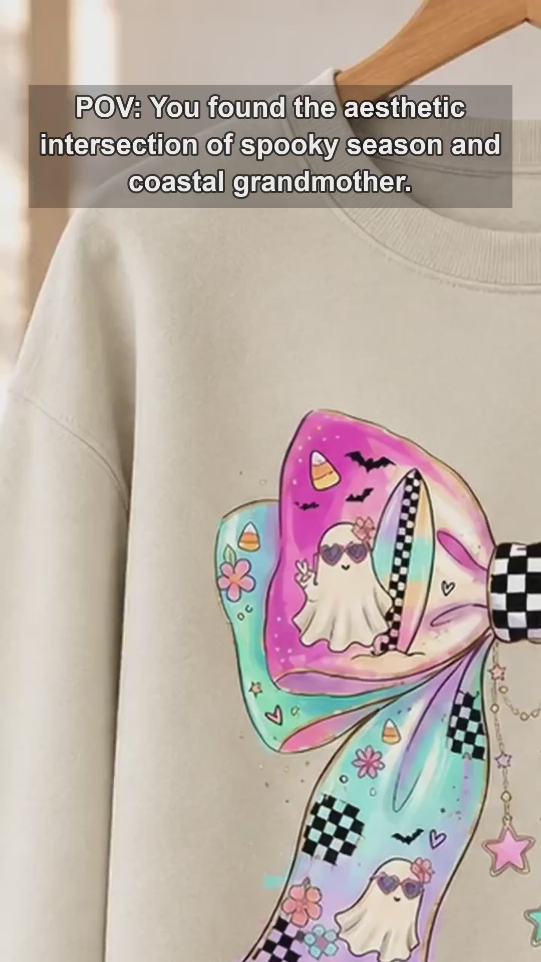 Pastel Ghost Bow Beachy Spooky Season Sweatshirt and T-Shirt Halloween Women Coquette Retro
