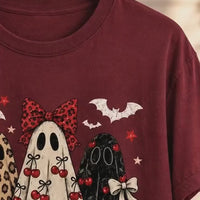Coquette Halloween T-Shirt Retro Ghost Trio with Cherry Bows Fall Spooky Season Women Cute Aesthetic - giftcuztom.com