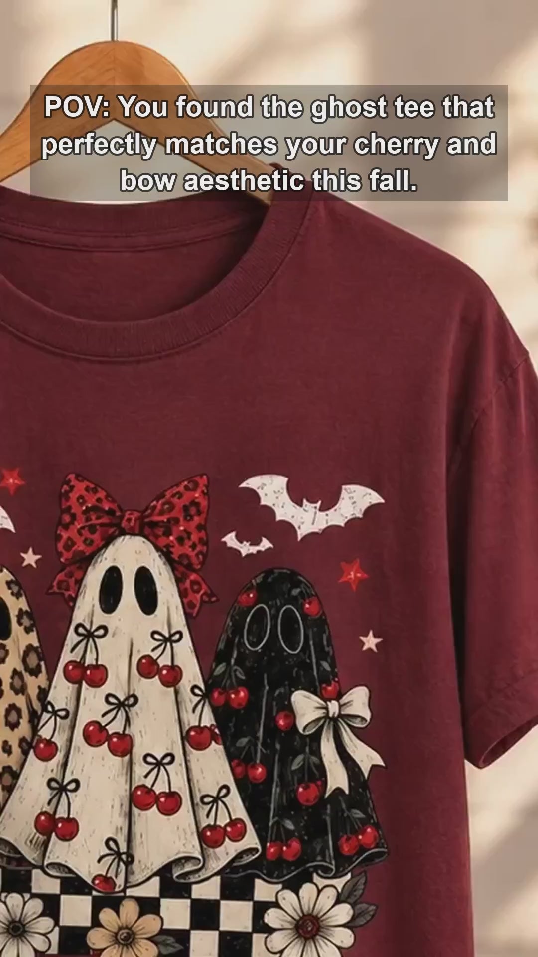 Coquette Halloween T-Shirt Retro Ghost Trio with Cherry Bows Fall Spooky Season Women Cute Aesthetic - giftcuztom.com