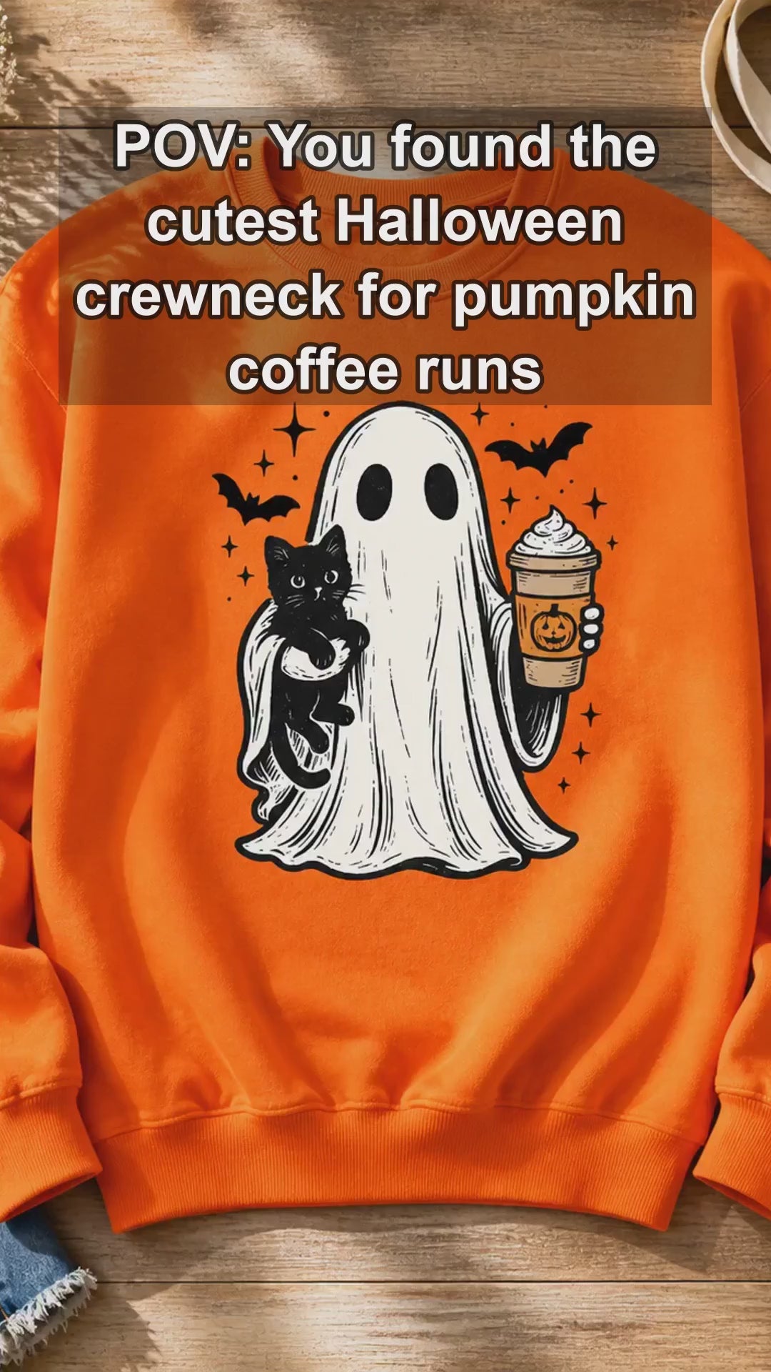 Halloween Ghost Fall Outfit Cute Ghost Cat Pumpkin Drink Sweatshirt and T-Shirt Spooky Season Women Vintage
