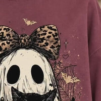 Leopard Ghost Cat Sweatshirt Spooky Bow Kitten Halloween Fall Women Retro Vintage Graphic
