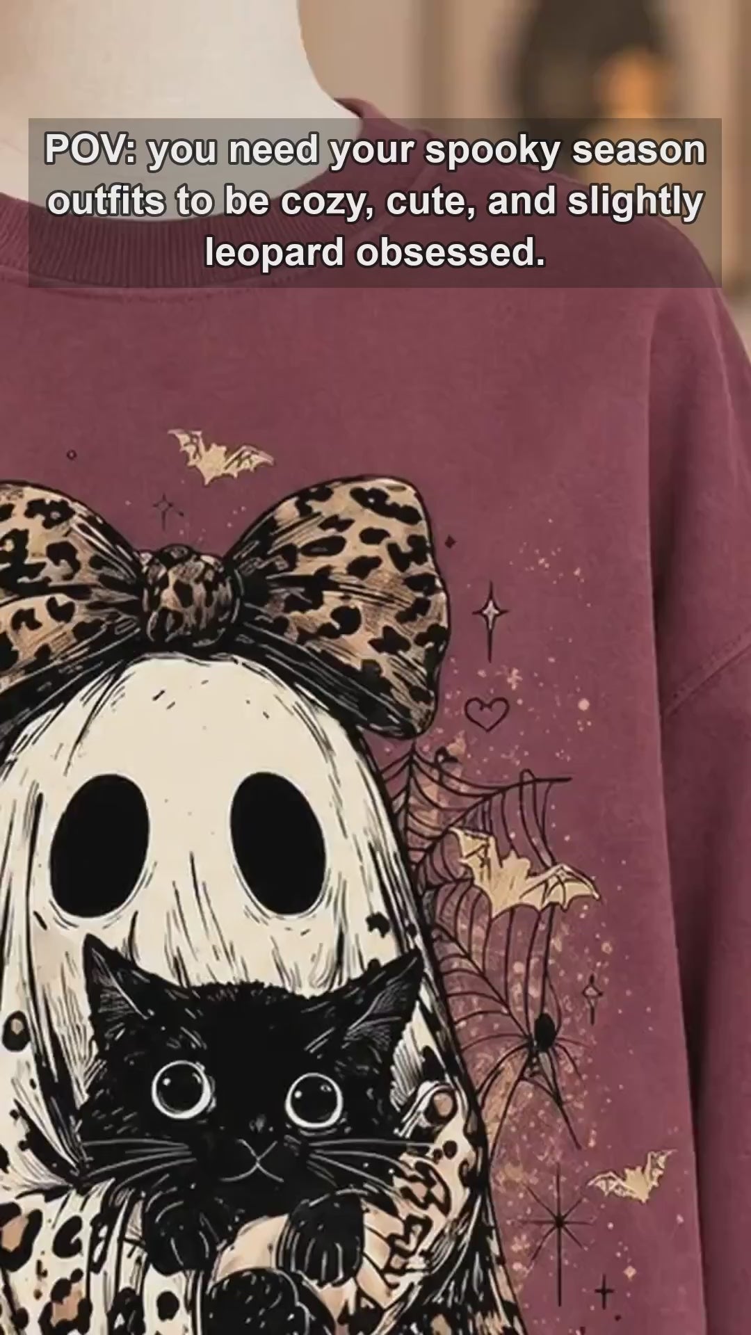 Leopard Ghost Cat Sweatshirt Spooky Bow Kitten Halloween Fall Women Retro Vintage Graphic