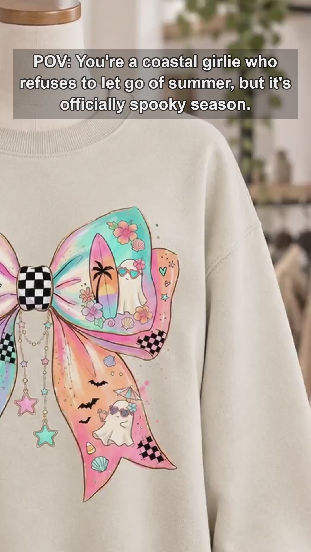 Pastel Ghost Bow Beachy Spooky Season Sweatshirt and T-Shirt Halloween Women Coquette Retro