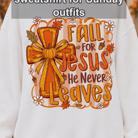 Fall for Jesus Christian Autumn Quote Sweatshirt, Faith Cross Pumpkin Bow Graphic for Women