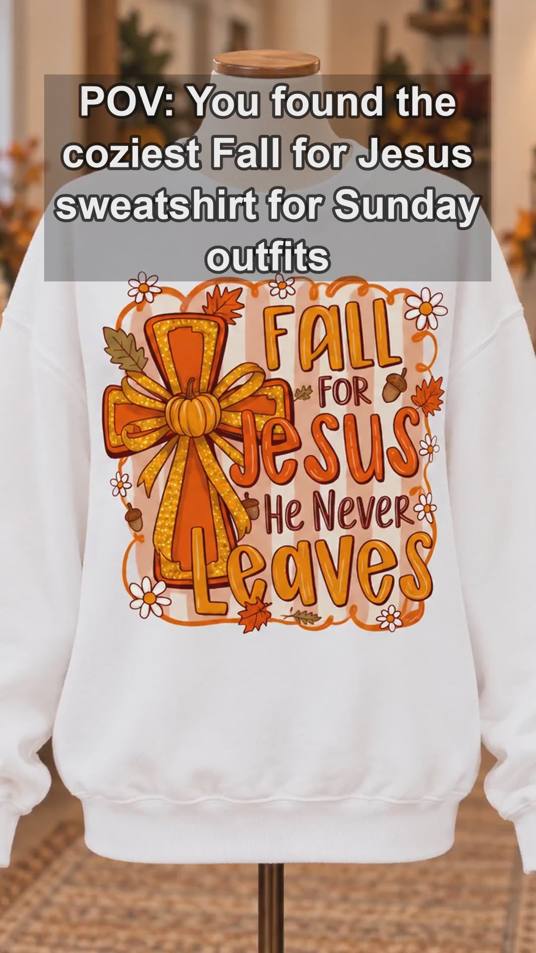 Fall for Jesus Christian Autumn Quote Sweatshirt, Faith Cross Pumpkin Bow Graphic for Women