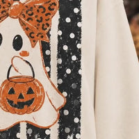 Halloween Ghost Sweatshirt Leopard Bow Ghost Pumpkin Spooky Season Women Cute Retro