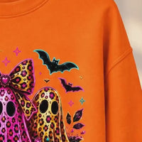 Cute Coquette Halloween Ghost Trio Sweatshirt - Colorful Leopard Print & Floral Spooky Season Top