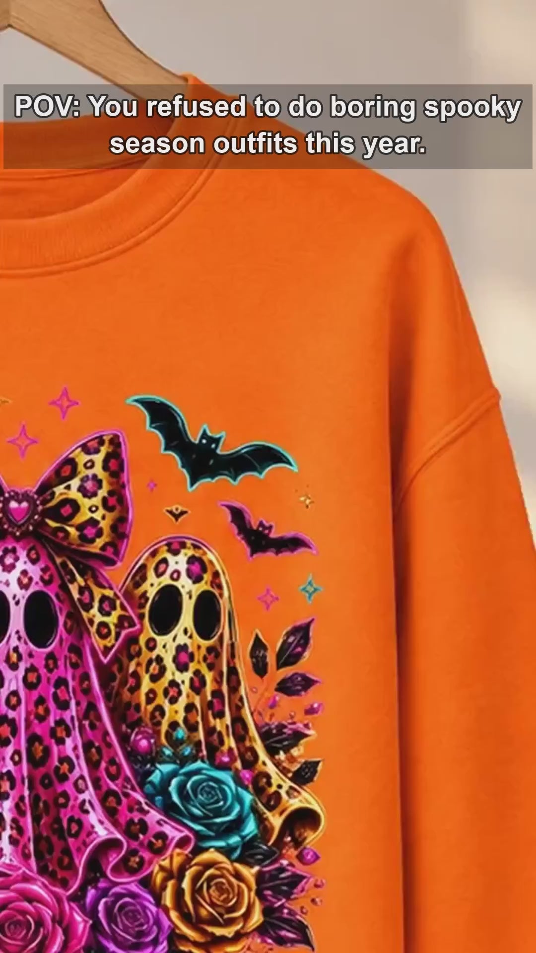 Cute Coquette Halloween Ghost Trio Sweatshirt - Colorful Leopard Print & Floral Spooky Season Top