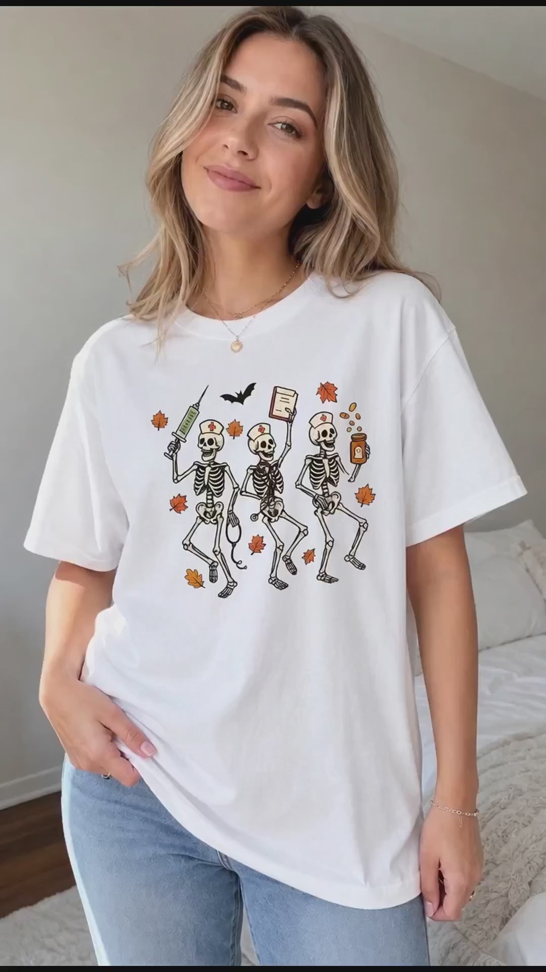 Halloween Nurse Skeleton Shirt Dancing Nurse Graphic Tee Spooky Medical Fall Gift