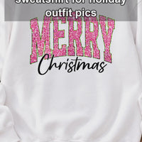 Pink Christmas Sweatshirt Merry Christmas Glitter Holiday Winter Women Cute Varsity - giftcuztom.com