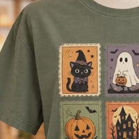 Vintage Halloween Postage Stamp Ghost Cat Pumpkin T-Shirt Spooky Season Women Retro Aesthetic