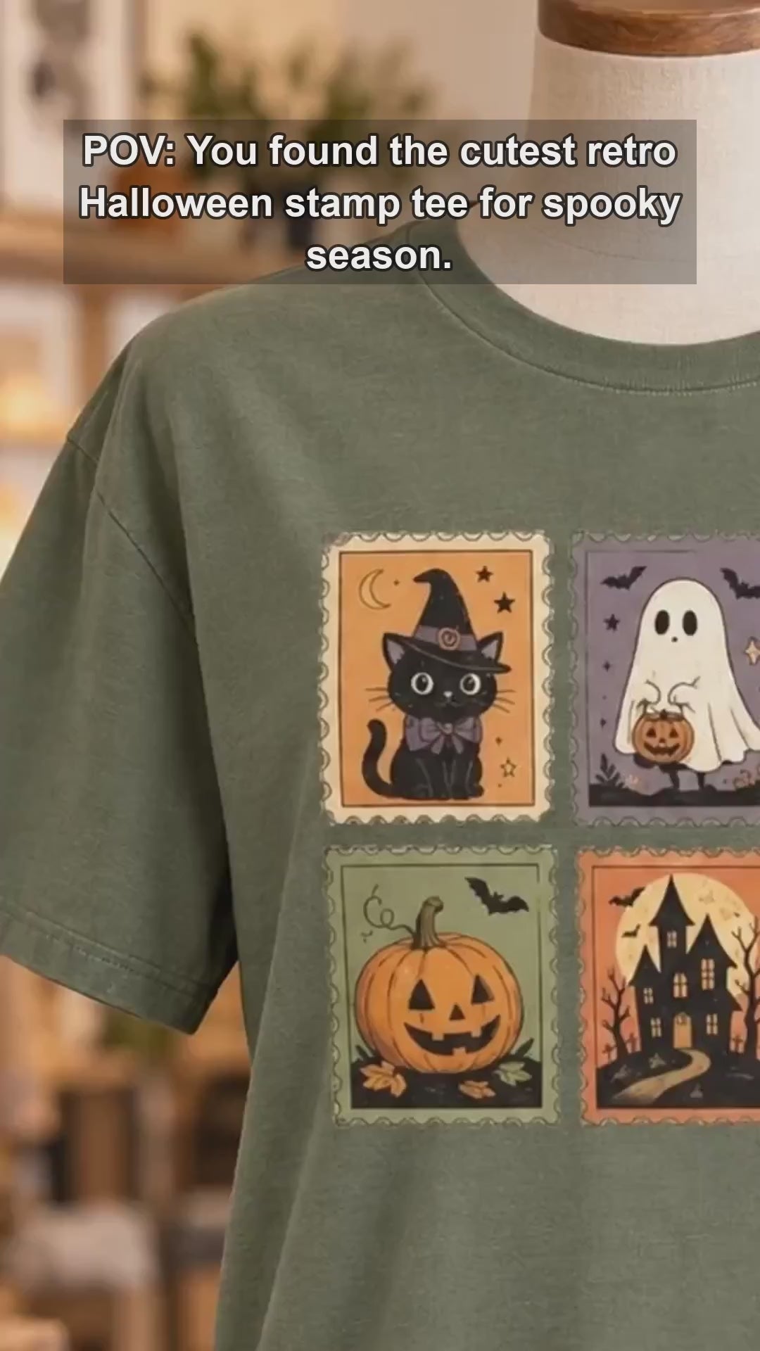 Vintage Halloween Postage Stamp Ghost Cat Pumpkin T-Shirt Spooky Season Women Retro Aesthetic