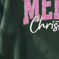 Pink Christmas Sweatshirt Merry Christmas Glitter Holiday Winter Women Cute Varsity - giftcuztom.com
