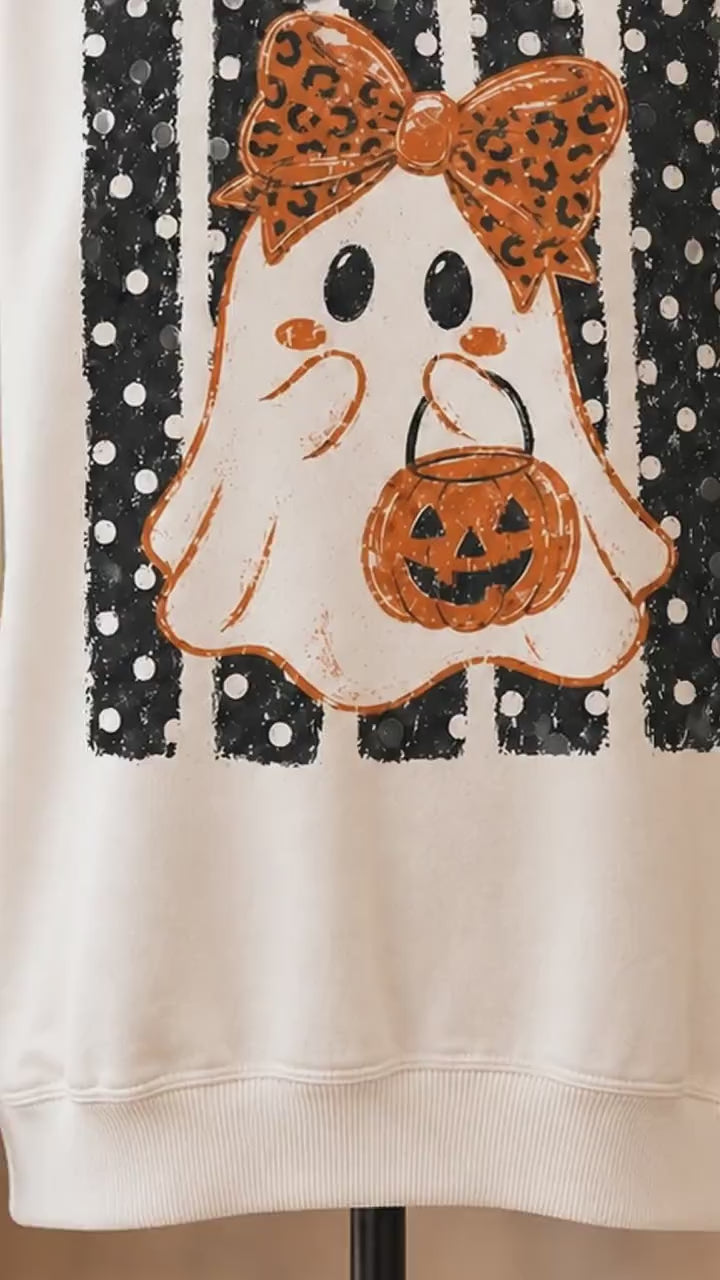Halloween Ghost Sweatshirt Leopard Bow Ghost Pumpkin Spooky Season Women Cute Retro
