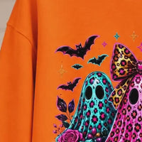 Cute Coquette Halloween Ghost Trio Sweatshirt - Colorful Leopard Print & Floral Spooky Season Top