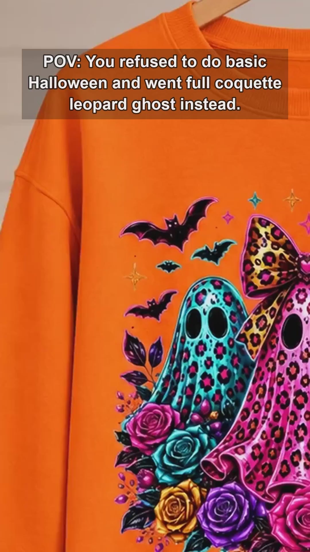 Cute Coquette Halloween Ghost Trio Sweatshirt - Colorful Leopard Print & Floral Spooky Season Top