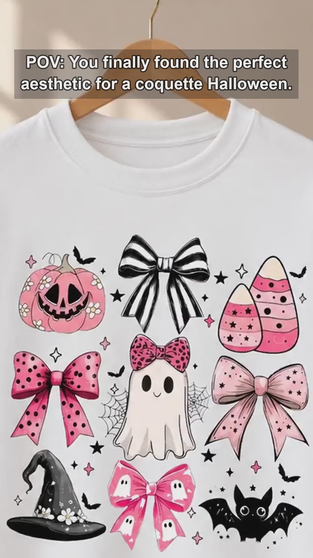 Pink Halloween Ghost Bow Spooky Coquette Icons Sweatshirt and T-Shirt Fall Spooky Season Gift Women Cute Pastel Retro Aesthetic - giftcuztom.com