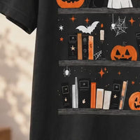 Women's Halloween Book Lover Graphic T-Shirt Cute Spooky Bookshelf Fall Reading Tee
