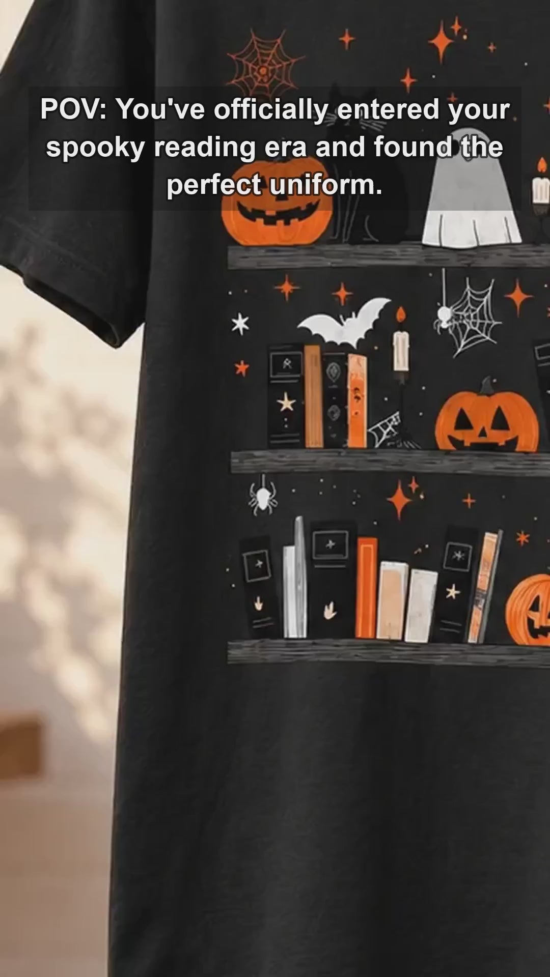 Women's Halloween Book Lover Graphic T-Shirt Cute Spooky Bookshelf Fall Reading Tee