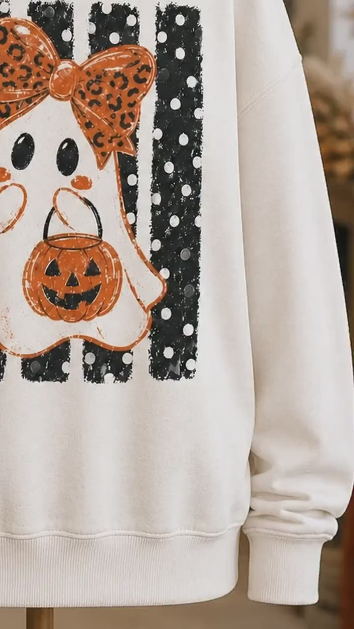 Halloween Ghost Sweatshirt Leopard Bow Ghost Pumpkin Spooky Season Women Cute Retro