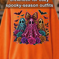 Cute Coquette Halloween Ghost Trio Sweatshirt - Colorful Leopard Print & Floral Spooky Season Top