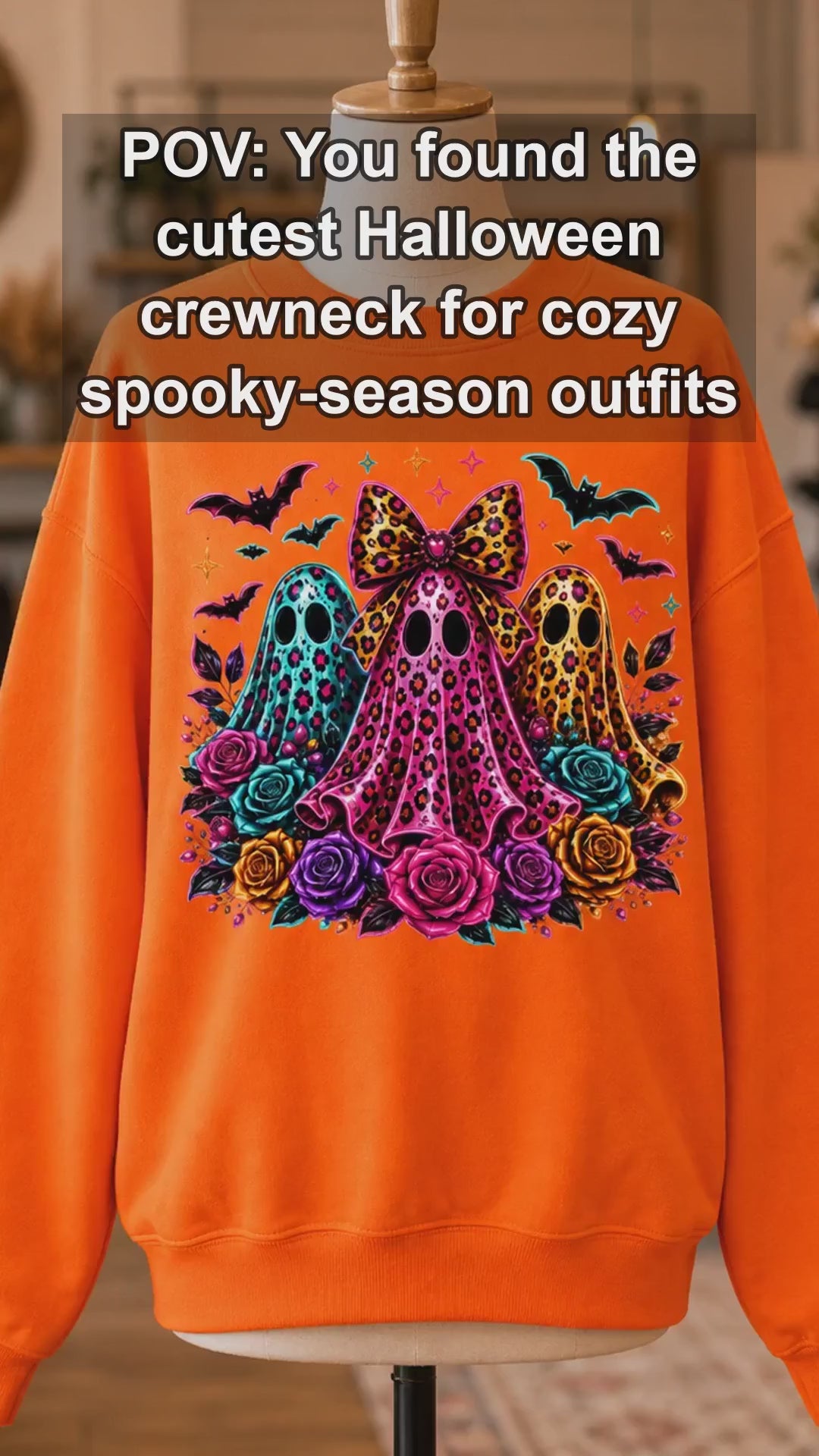 Cute Coquette Halloween Ghost Trio Sweatshirt - Colorful Leopard Print & Floral Spooky Season Top
