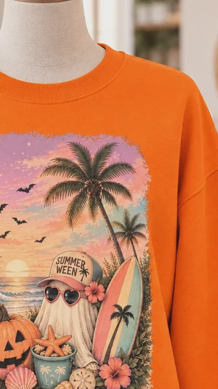 Summerween Sweatshirt and T-Shirt Summerween Ghost Beach Pumpkin Summer Halloween Vacation Unisex Retro Tropical Spooky