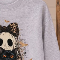 Halloween Cat Sweatshirt, Leopard Ghost Holding Custom Cat Breed, Spooky Season Cat Lover Gift for Women, Coquette Bow Leopard Print Style