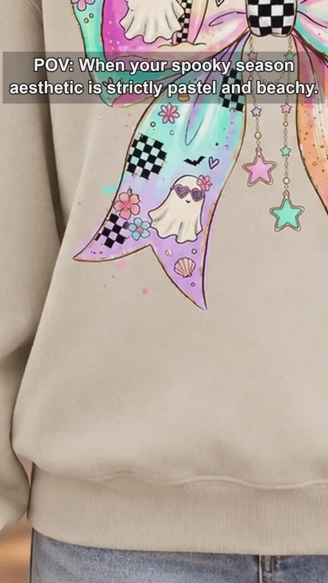 Pastel Ghost Bow Beachy Spooky Season Sweatshirt and T-Shirt Halloween Women Coquette Retro