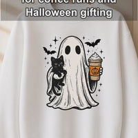 Halloween Ghost Fall Outfit Cute Ghost Cat Pumpkin Drink Sweatshirt and T-Shirt Spooky Season Women Vintage