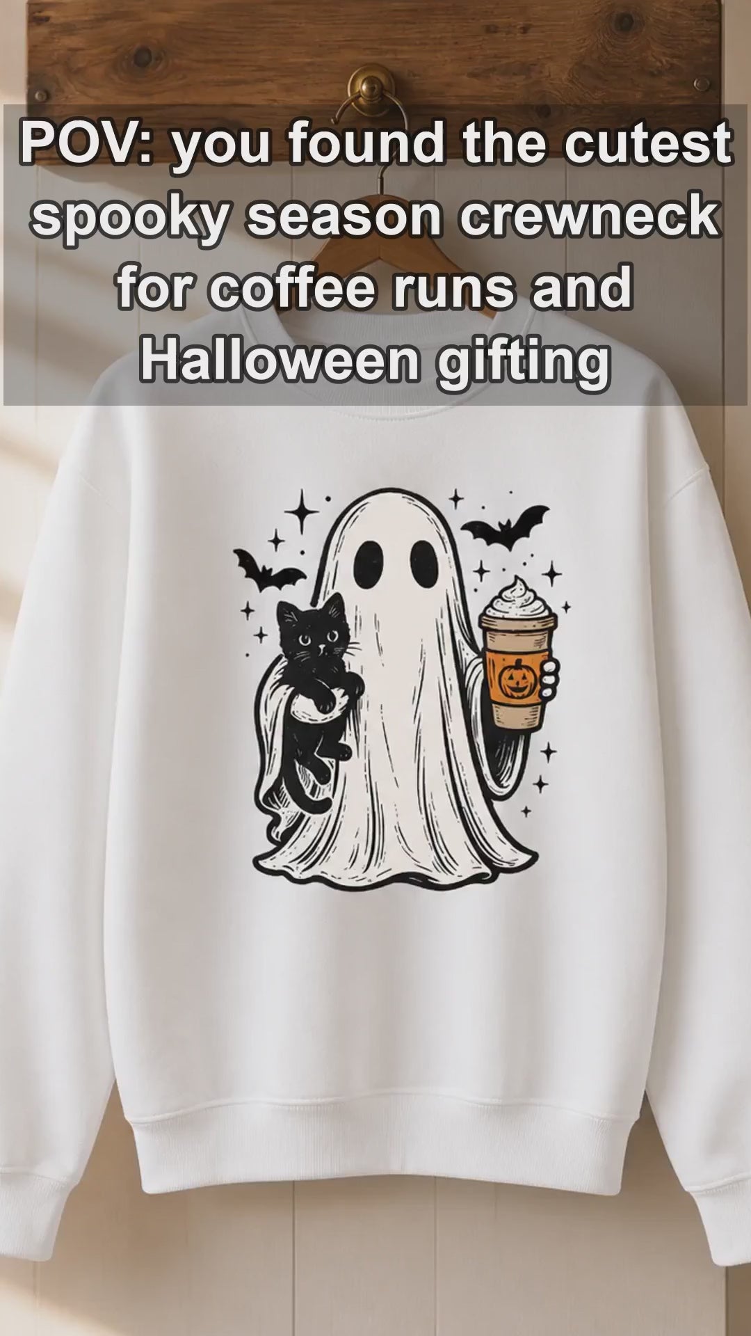 Halloween Ghost Fall Outfit Cute Ghost Cat Pumpkin Drink Sweatshirt and T-Shirt Spooky Season Women Vintage