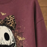 Leopard Ghost Cat Sweatshirt Spooky Bow Kitten Halloween Fall Women Retro Vintage Graphic